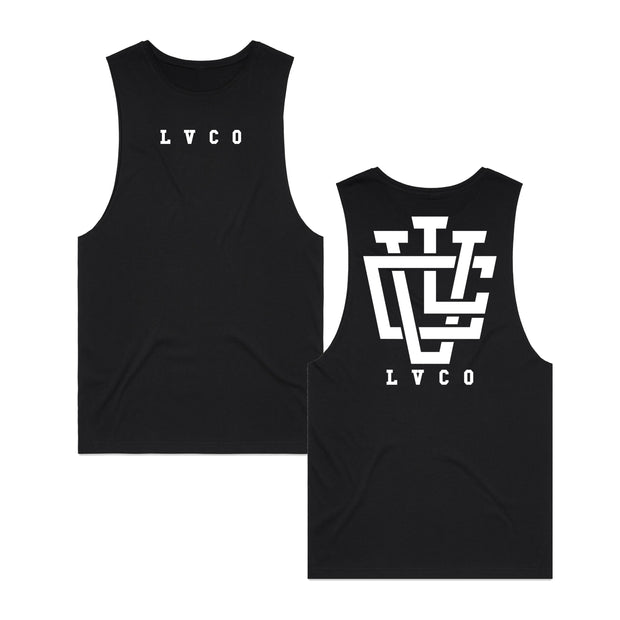 Product shot of the front and back of a black muscle t-shirt. Printed in white on the front is the abstract mark of the brand. At the same time, "LVCO" is printed in white on the front and the back. 