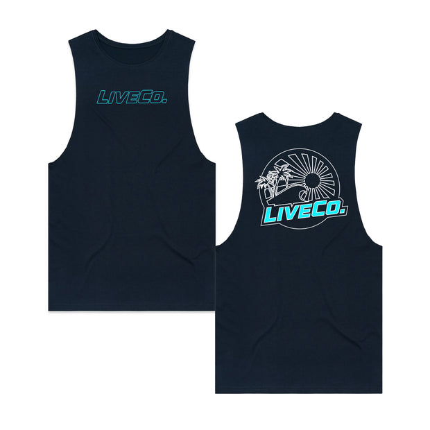 Product shot of the front and back of a navy muscle t-shirt. A white outline design of a beach is printed on the front. While "LiveCo." is printed in vivid cyan on the centre of the design and the back. 